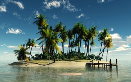 Desert Island, South Pacific - sand, palms, pier, sea