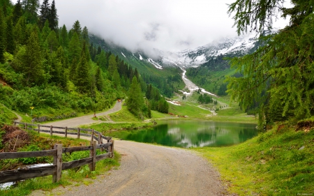 Mountain walk - nice, sky, slope, trees, greenery, clear, mirrored, path, mist, quiet, reflection, clouds, emerald, walk, green, cliffs, lake, fence, mountain, travel, hills, walking, summer, lovely, nature, beautiful, austria