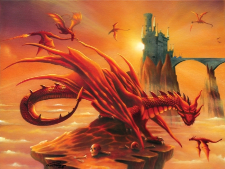 Red Dragon - reptile, artwork, landscape, rocks, castle