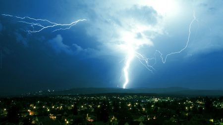 Lightning Strike - houses, skyphoenixx1, landscape, night, wallpaper, flash, storm, nature, thunderstorm, picture, forces of nature, clouds, strike, thunder, lightning