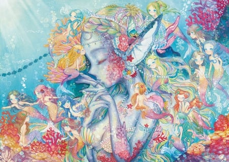 Mermaids - girls, women, cute, beautiful, mermaids, ocean, fantasy, red, purple, pink, soft, beauty, flowers, sweet, yellow, anime, blue, art, multicolor, orange, sea, green