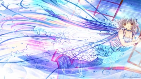 Chobits - beauty, girl, soft, long hair, wind, white, purple, multicolor, pink, blue, beautiful, anime, sweet, flowers, cute