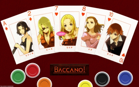 Baccano poker - anime, anime girl, Eve Geonard, Chane Laforet, dress, Miria Harvent, cards, knife, Ennis, Nice Holystone, Neminorum, Baccano