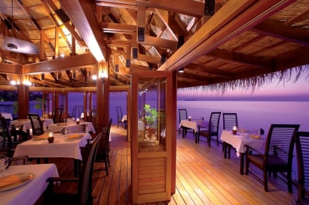 Evening Dinner overlooking the Ocean on a Paradise Island - paradise, sun, sunset, hotel, polynesia, dine, evening, bora bora, table, atoll, lagoon, resort, dusk, dinner, ocean, two, islands, tropical, set, exotic, eat, restaurant, blue, island, twilight, sea, tahiti