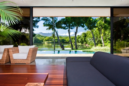 Beautiful Tropical Modern Villa overlooking Pool in Kauai Hawaii - kauai, wood, gardens, island, hawaii, polynesia, villa, swimming, view, lake, house, trees, beautiful, islands, real estate, property, tropical, pool, modern, contemporary