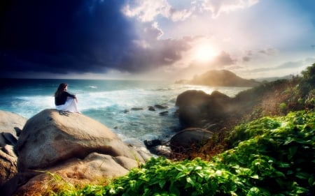 Alone on rocks - alone, sea, woman, rocks