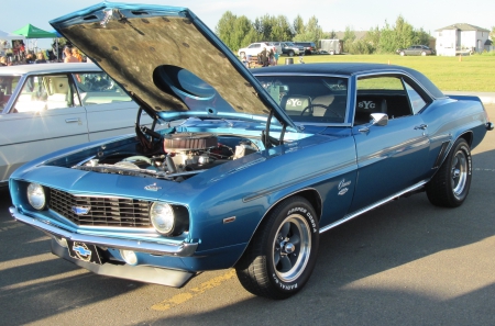 1969 Chevrolet Camaro SYC - black, tires, headlights, photography, Engine, Chevrolet, Blue