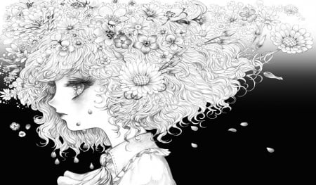 Girl In Black & White - anime, beautiful, girl, beauty, petals, sweet, flowers, black, grey, white, cute, art