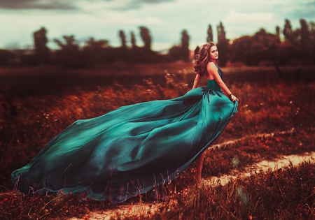 Gone with the Wind - field, woman, dress, green