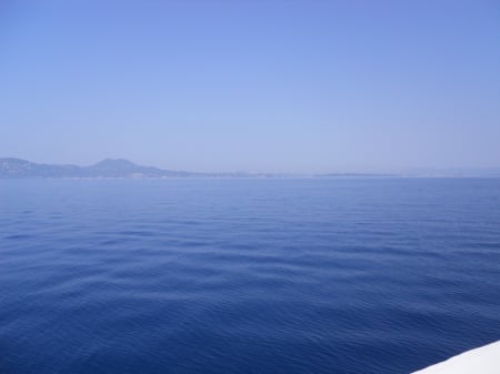 Deep blue sea - corfu, blue, boat, sea, deep, fantasy, fabulous, waves, nice, mountains, wave, sky