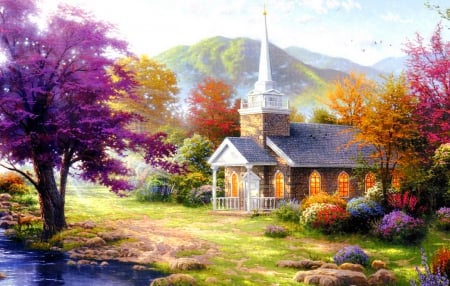 Countryside cottage - nice, cottage, water, stream, colorful, spring, creek, painting, art, pretty, blossoms, chapel, river, tree, grass, blooming, mountain, light, lovely, nature, village, beautiful