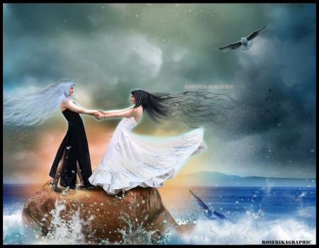 ✫Two Girls in the Wind✫ - dresses, birds, creative pre-made, water splashes, photomanipulation, beautiful girls, dans le vent, black and white, women, in the wind, softness beauty, backgrounds, sea, digital art, models, weird things people wear, hair, girls, fantasy, rocks