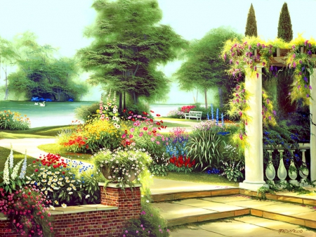 Summer home garden - pretty, calm, quiet, summer, home, flowers, swans, garden, lake, paradise, nice, art, trees, water, beautiful, pond, lovely, painting, arch, serenity, park