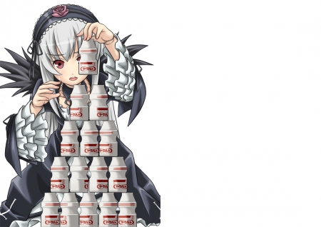 Stacking - anime, kawaii, female, wing, dress, angel, long hair, white hair, suigintou, plain, hd, chibi, silver hair, rozen maiden, gown, anime girl, bottle, girl, simple, feather, black, white, stack, wings, cute, adorable