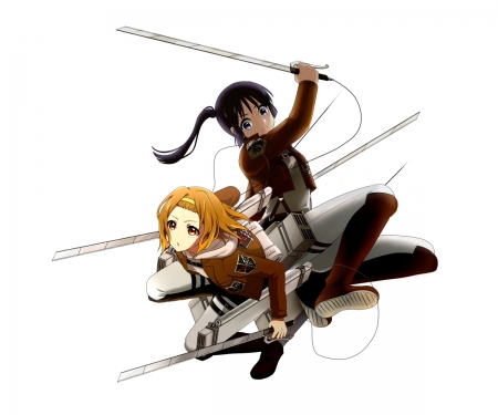 Shingeki no K-ON! - mio, plain, mio akiyama, armor, ir, weapon, crossover, brown hair, anime, k-on, black hair, female, akiyama mio, akiyama, sword, ritsu, cute, hot, girl, anime girl, white, blade, shingeki no kyojin, attack on titan, serious, ritsu tainaka, tainaka ritsu, simple, short hair, sinister, hd, k on, kon, warrior, long hair, cosplay, sexy