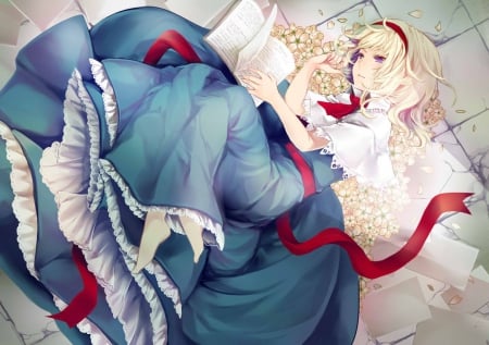 Alice Margatroid - hot, anime girl, book, white, blond hair, art, blonde hair, petals, ribbon, lady, sexy, floral, beautiful, sweet, dress, nice, beauty, female, blond, touhou, pretty, anime, cute, short hair, girl, alice margatroid, gown, lovely, red, blue, blossom, blonde, flower