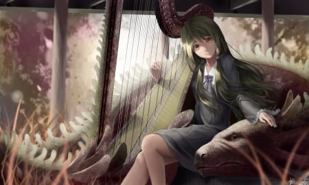 Dragon Harp - nice, realistic, female, hot, anime girl, pretty, anime, dragon, cute, sexy, girl, monster, harp, long hair, lovely, cg, hd, 3d, creature, sweet, green hair, dress