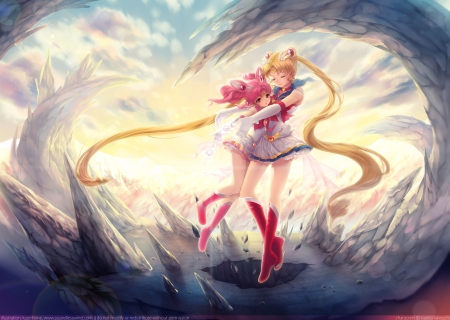 Sailor Moon - anime, anime girl, loong hair, blonde hair, sailor moon, princess, hug, pink hair, art