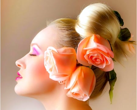 Roses in her hair - woman, face, roses, petals, flowers