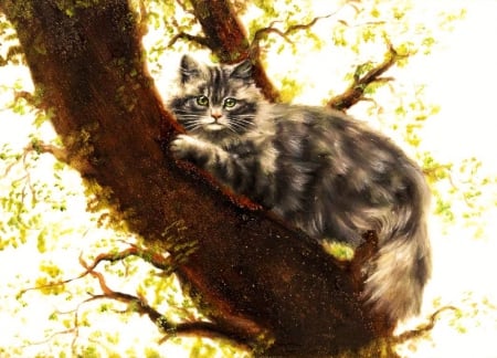 Cat on a Tree - predator, sunlight, climbing, artwork, leaves