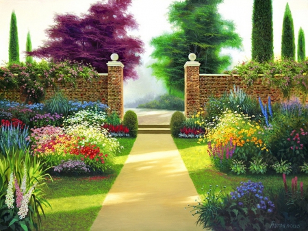 Path to garden - nice, freshness, park, summer, path, lovely, painting, nature, art, pretty, beautiful, flowers, garden