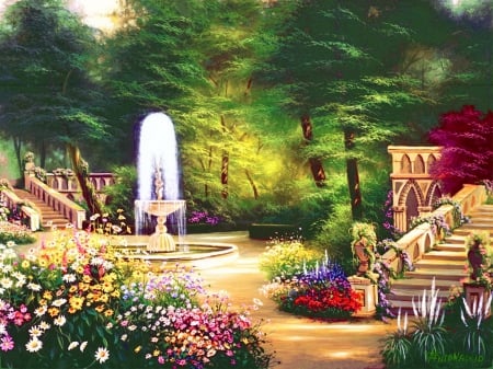 Gothic garden - pretty, summer, fountain, forest, flowers, garden, paradise, nice, art, trees, beautiful, gothic, lovely, colorful, nature, painting, park