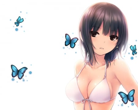 Kizoku - anime, swimsuit, blue, butterflies, beautiful, girl, beauty, sweet, short hair, black, white, bikini, cute