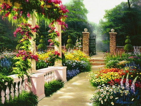 Afternoon repose - beauty, nice, freshness, trees, paradise, spring, painting, art, pretty, walk, afternoon, alleys, garden, park, summer, lovely, arch, nature, beautiful, flowers