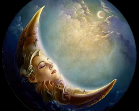 Moon Lady - moon, face, art, lady, crescent, planet, fantasy