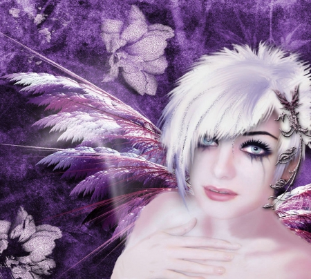 ✫Pixie Grunge Fae✫ - softness beauty, creative pre-made, backgrounds, digital art, weird things people wear, photomanipulation, eyelashes, white hair, flowers, girls, beautiful girls, fantasy, model, wings, fairy, feathers