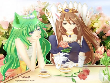 Tea Time - girls, princess, neko, art, long hair, tea, time, orginal