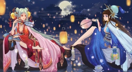 Oriental Ladies - girls, lantern, night, long hair, oriental, kimono, orginal