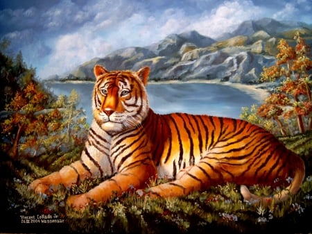 tiger laying in sun - artwork, cats, big, paintings, tiger