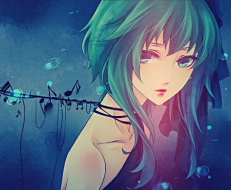 Music - short hair, music, blue, green, girl, green eyes, green hair, notes