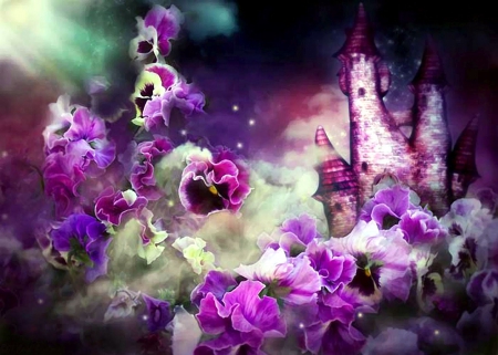 Purple Flowers - blossoms, castle, pansies, artwork