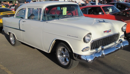 1955 Chevrolet - black, white, tires, headlights, photography, Chevrolet