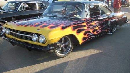 1960 Chevrolet Impala - black, Yellow, tires, headlights, photography, Chevrolet