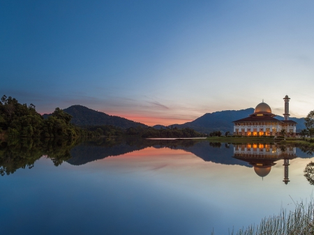 Sunset - sky, mosque, sunset, river