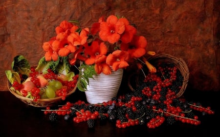 *** Still life *** - autumn, thanksgiving, basket, berries, vase, nature, still, fall, life, flowers, happy, flower