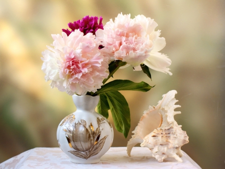 Land and sea - flowers, vase, white, sea shell, pink, peonies