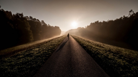 sunrise - morning, girl, sunrise, mist