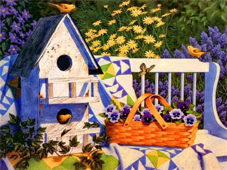 Birds house - nice, fun, paradise, joy, animals, colorful, bench, basket, spring, painting, art, pretty, daisies, grass, garden, birds, song, summer, yard, lovely, nature, butterfly, beautiful, bunch, violets, flowers