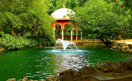 Pretty place in park - pretty, fountain, Sevilla, forest, shore, garden, gazebo, hidden, lake, nice, place, emerald, greenery, trees, water, beautiful, pond, lovely, nature, green, Spain, park