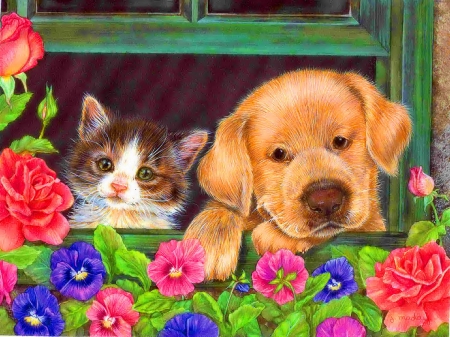 Cute friends - window, dog, home, leaves, flowers, fluffy, door, kitten, puppy, friends, yard, nice, art, house, beautiful, lovely, sweet, cat, colorful, painting, cute, adorable, animals, kitty