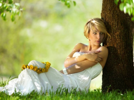 tranquility - women, beauty, field, photography, tree, green