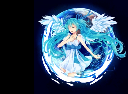 Hatsune Miku - angel, hot, sundress, wings, anime girl, dark, feather, ribbon, hatsune miku, sexy, long hair, vocaloids, vocaloid, beautiful, sweet, dress, nice, beauty, female, twintail, simple, black, pretty, anime, miku, twin tail, cute, girl, twintails, gown, lovely, blue hair, hatsune, twin tails, wing, plain