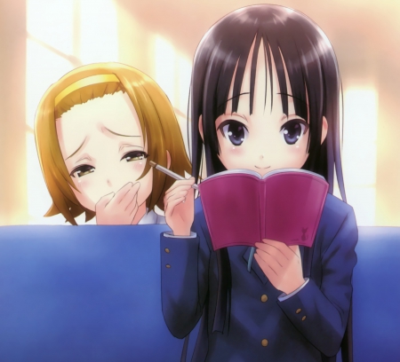 Are U done YET! ... I'm so SLEEPY! - pretty, tainaka ritsu, anime, kawaii, female, book, ritsu tainaka, yawn, long hair, akiyama mio, k-on, short hair, nice, anime girl, tainaka, kon, girl, lovely, brown hair, sweet, ritsu, k on, black hair, cute, adorable, mio akiyama, mio