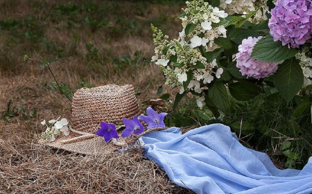 summer moment - hat, flowers, moment, summer, garden, still life