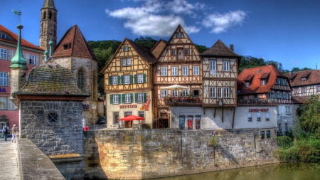 wonderful town of schw�bisch hall in germany - cafes, river, town, wall, bridge