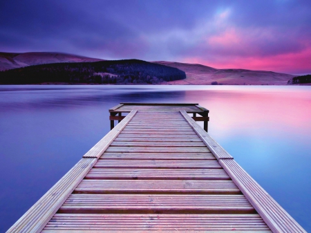 LAKE PIER - sky, lake, mountains, clouds, pier